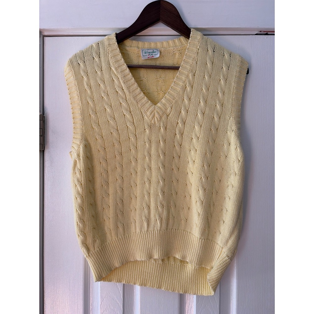 Vintage Benetton Yellow Cable‎ Knit Sweater Vest Italy 100% Cotton V-Neck Est. M